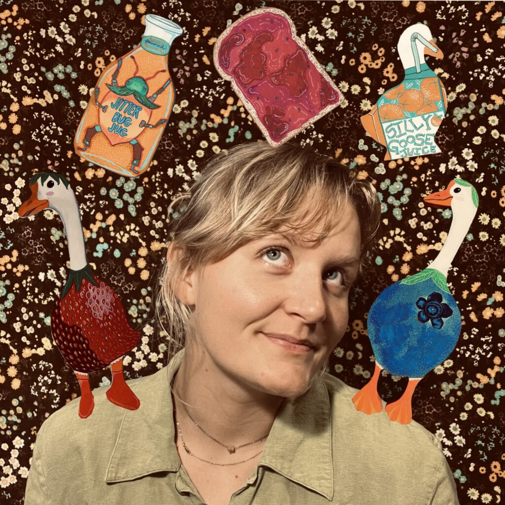 A woman with blonde hair and a green shirt looks up thoughtfully. Surrounding her are illustrated geese and whimsical drawings of juice, jam, and a milk carton against a patterned, colorful background.
