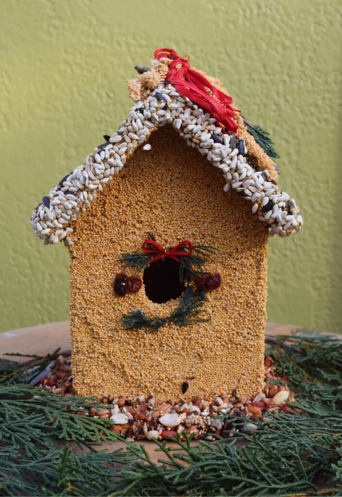 A decorative birdhouse covered in birdseed and seeds on the roof, adorned with a red bow and greenery, sitting on a bed of pine branches against a light green textured wall.