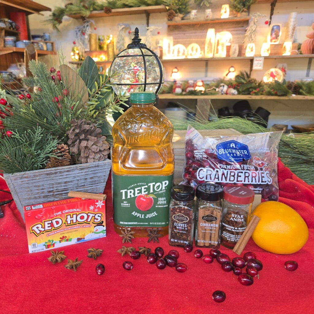 A festive display on a red cloth features a bottle of apple juice, a bag of cranberries, an orange, Red Hots candy, spices (cloves, cinnamon, star anise), whole cranberries, and holiday greenery in a cozy, decorated room.