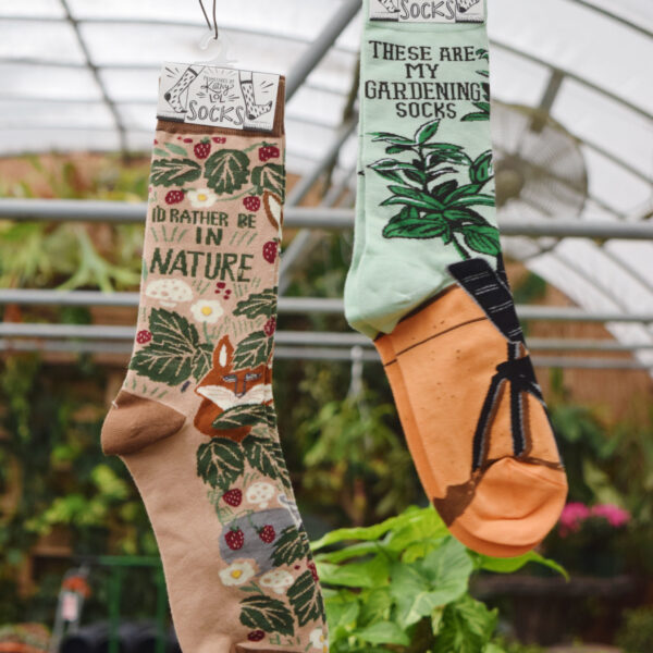 Two colorful socks with plant designs hang in a greenhouse. One sock reads Id rather be in nature and the other reads These are my gardening socks. Lush green plants and a fan are visible in the background.