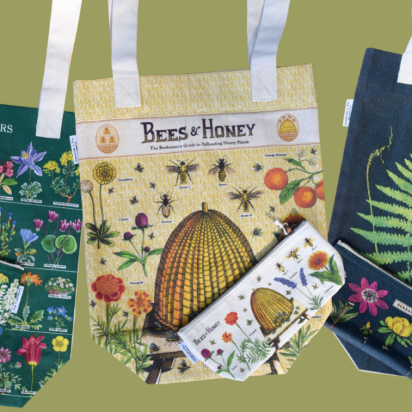 Three tote bags and three matching pouches feature colorful botanical and nature illustrations: wildflowers, bees with a hive, and ferns, displayed against a light olive-green background.