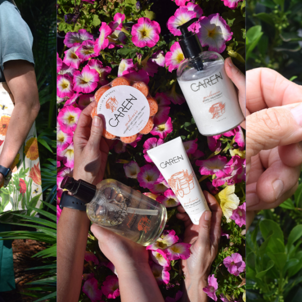 A collage with three panels: a person in garden attire holding a gardening tote, hands displaying floral-themed bath products, and a hand showing purple teardrop earrings with a fern design on the backing, all set outdoors.