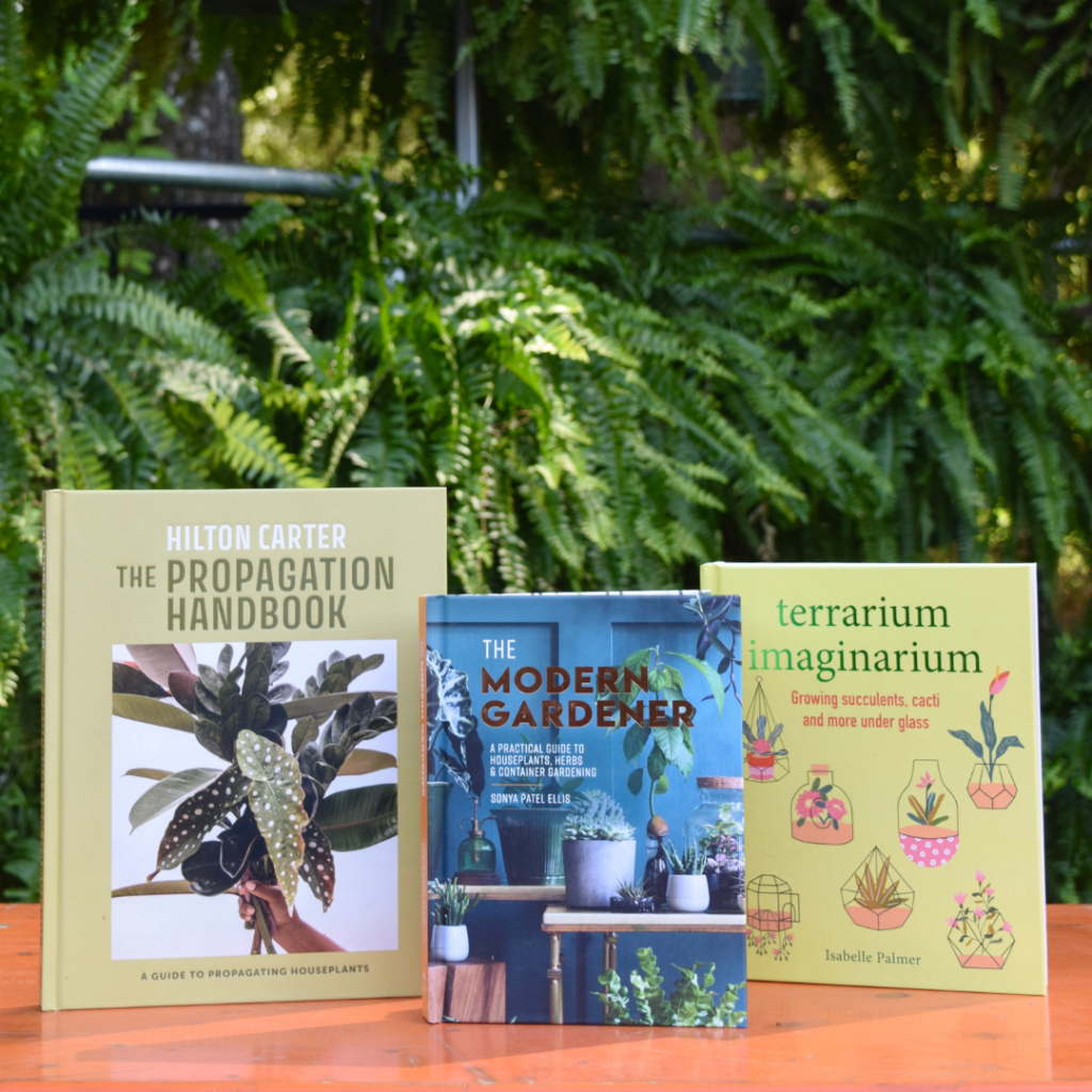 Three gardening books—The Propagation Handbook, The Modern Gardener, and Terrarium Imaginarium—are displayed upright on a table in a charming gift shop, with green ferns in the background.